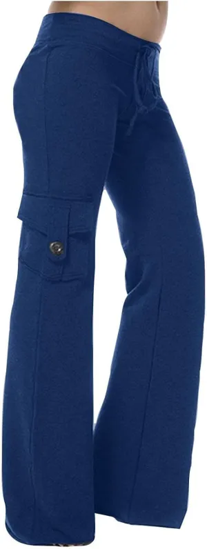 Women's Casual Pants Stretchy Wide Leg Fashion Pants Loose Retro Drawstring Long Straight Trousers with Pockets