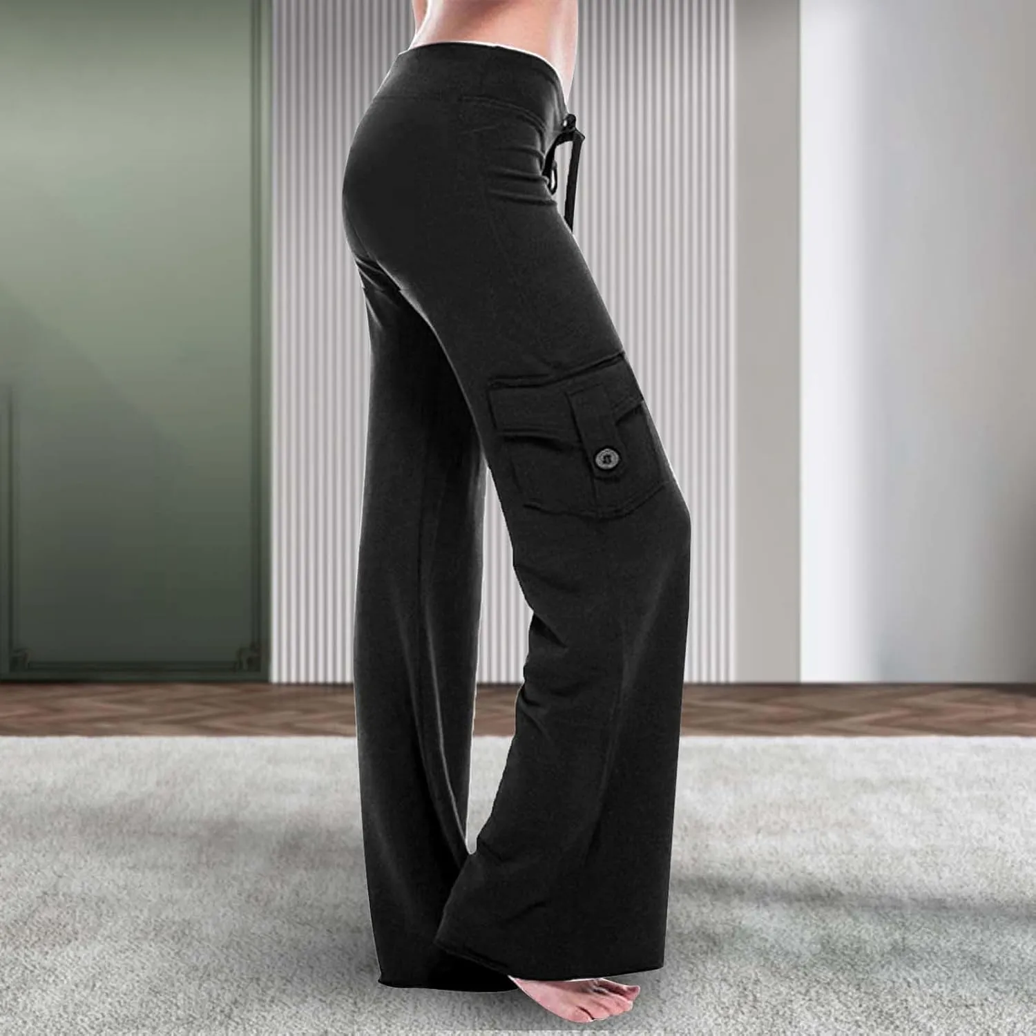 Women's Casual Pants Stretchy Wide Leg Fashion Pants Loose Retro Drawstring Long Straight Trousers with Pockets