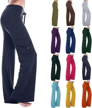 Women's Casual Pants Stretchy Wide Leg Fashion Pants Loose Retro Drawstring Long Straight Trousers with Pockets