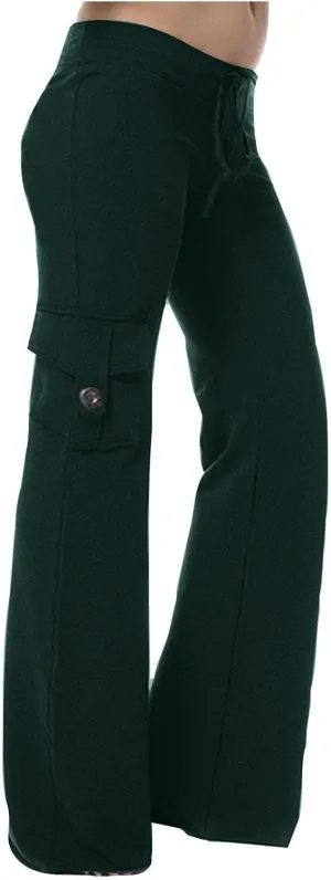 Women's Casual Pants Stretchy Wide Leg Fashion Pants Loose Retro Drawstring Long Straight Trousers with Pockets