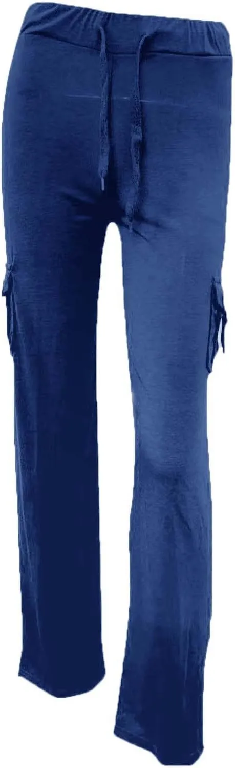 Women's Casual Pants Stretchy Wide Leg Fashion Pants Loose Retro Drawstring Long Straight Trousers with Pockets
