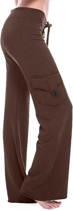 Women's Casual Pants Stretchy Wide Leg Fashion Pants Loose Retro Drawstring Long Straight Trousers with Pockets