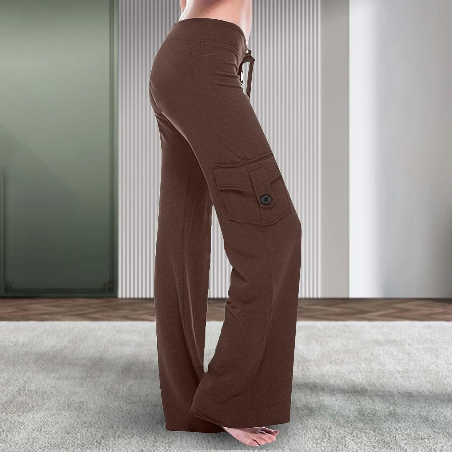Women's Casual Pants Stretchy Wide Leg Fashion Pants Loose Retro Drawstring Long Straight Trousers with Pockets
