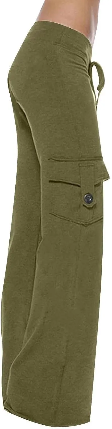 Women's Casual Pants Stretchy Wide Leg Fashion Pants Loose Retro Drawstring Long Straight Trousers with Pockets