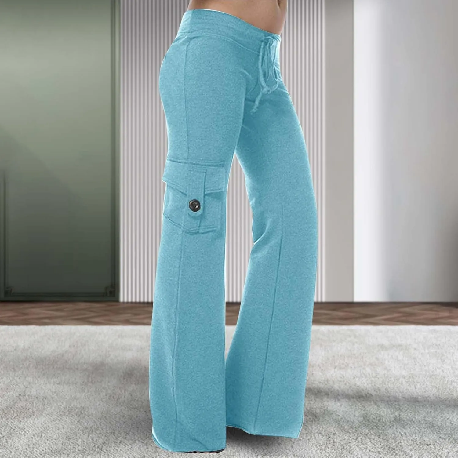 Women's Casual Pants Stretchy Wide Leg Fashion Pants Loose Retro Drawstring Long Straight Trousers with Pockets