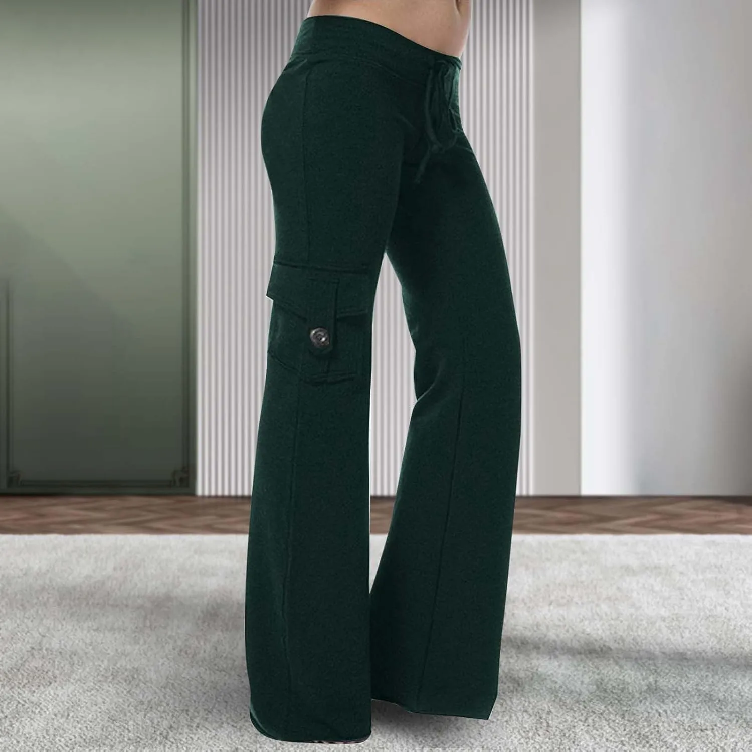 Women's Casual Pants Stretchy Wide Leg Fashion Pants Loose Retro Drawstring Long Straight Trousers with Pockets