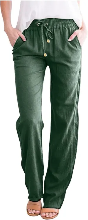Women's Cotton and Linen Drawstring Trousers Casual High-Waisted Straight Leg Lounge Long Pants Relax Comfy Pant