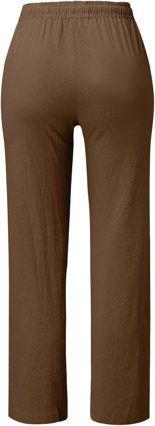 Women's Cotton and Linen Drawstring Trousers Casual High-Waisted Straight Leg Lounge Long Pants Relax Comfy Pant