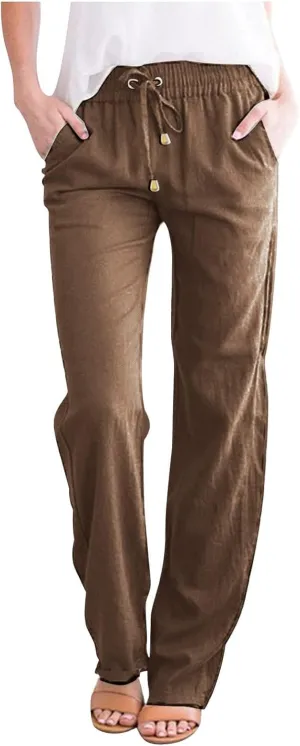 Women's Cotton and Linen Drawstring Trousers Casual High-Waisted Straight Leg Lounge Long Pants Relax Comfy Pant