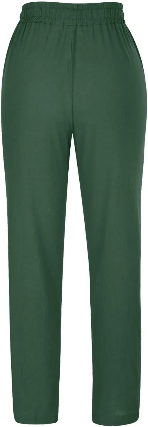 Women's Cotton and Linen Drawstring Trousers Casual High-Waisted Straight Leg Lounge Long Pants Relax Comfy Pant