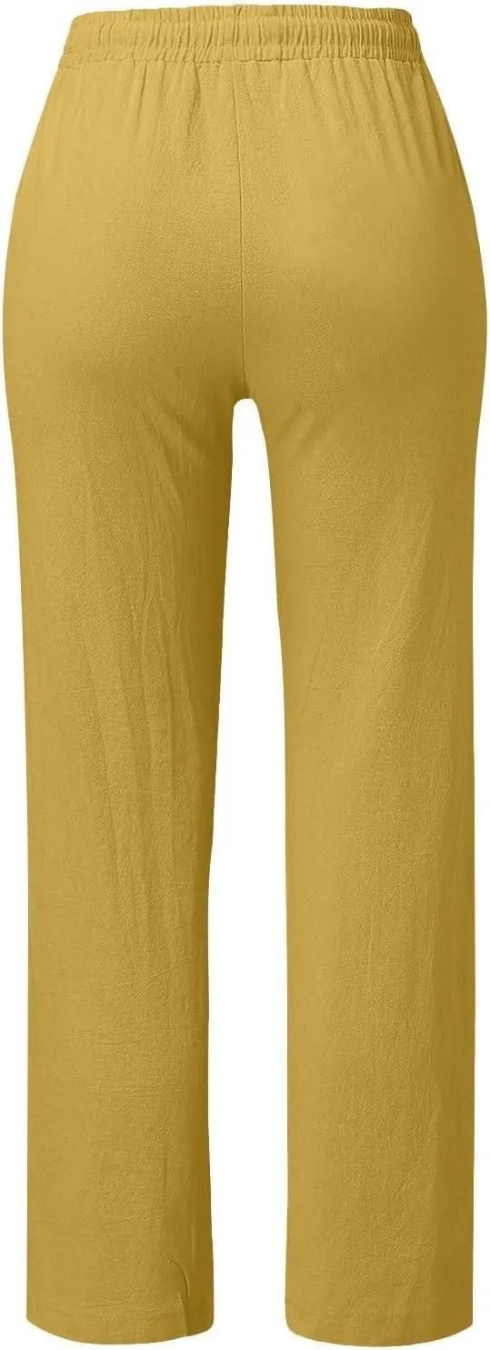 Women's Cotton and Linen Drawstring Trousers Casual High-Waisted Straight Leg Lounge Long Pants Relax Comfy Pant