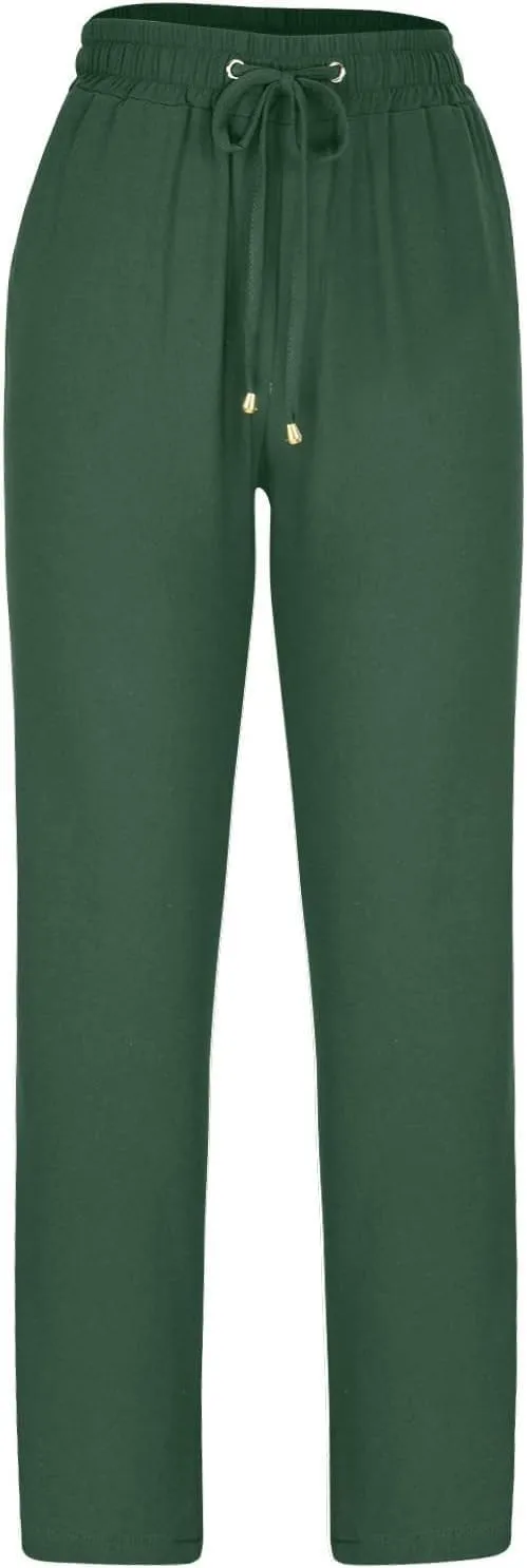 Women's Cotton and Linen Drawstring Trousers Casual High-Waisted Straight Leg Lounge Long Pants Relax Comfy Pant