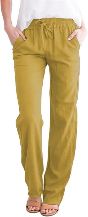 Women's Cotton and Linen Drawstring Trousers Casual High-Waisted Straight Leg Lounge Long Pants Relax Comfy Pant