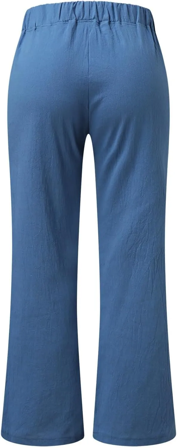 Womens Cotton Linen Palazzo Pants Drawstring Elastic Waist Casual Summer Wide Leg Relax Fit Trousers with Pockets