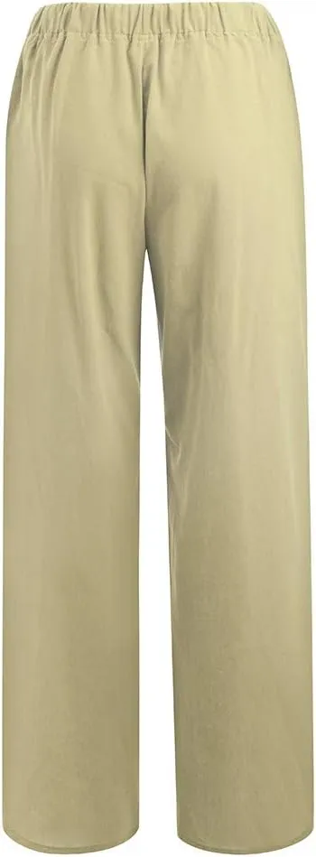 Womens Cotton Linen Palazzo Pants Drawstring Elastic Waist Casual Summer Wide Leg Relax Fit Trousers with Pockets