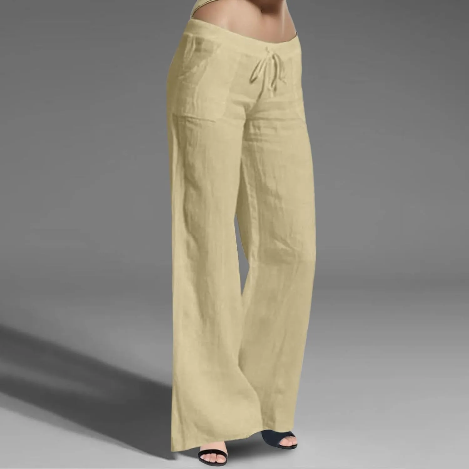 Womens Cotton Linen Palazzo Pants Drawstring Elastic Waist Casual Summer Wide Leg Relax Fit Trousers with Pockets