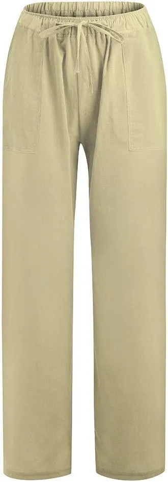 Womens Cotton Linen Palazzo Pants Drawstring Elastic Waist Casual Summer Wide Leg Relax Fit Trousers with Pockets