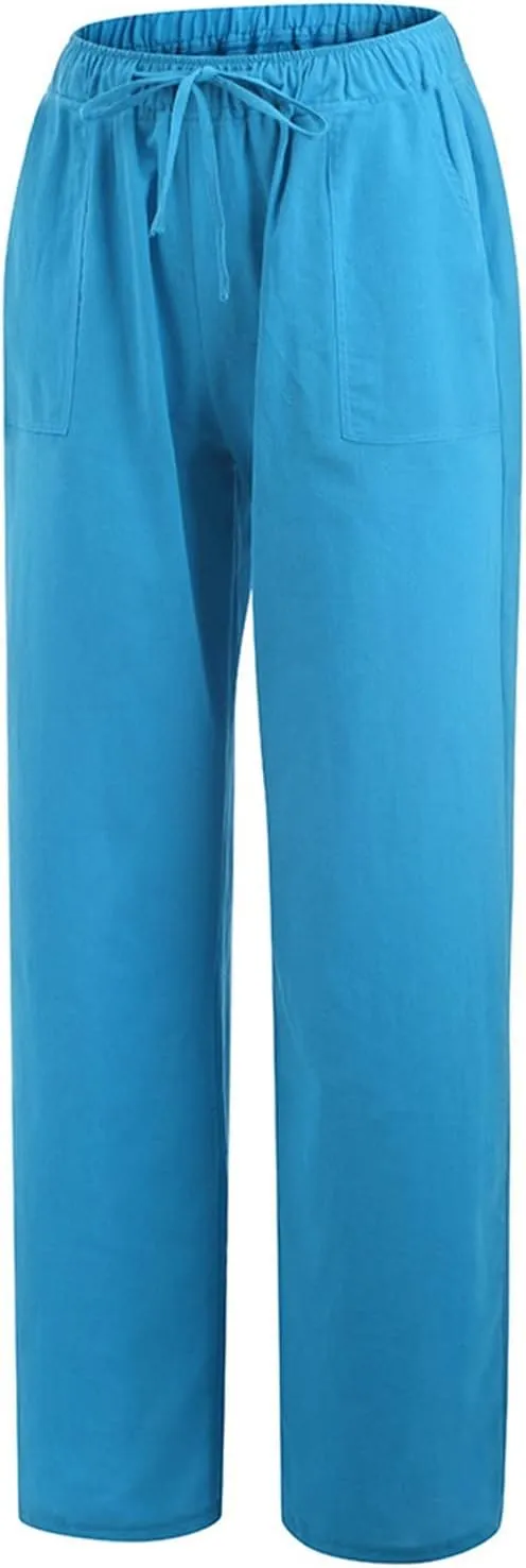 Womens Cotton Linen Palazzo Pants Drawstring Elastic Waist Casual Summer Wide Leg Relax Fit Trousers with Pockets