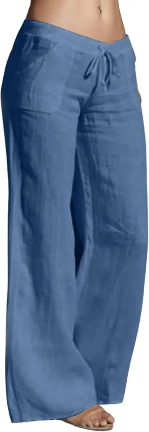 Womens Cotton Linen Palazzo Pants Drawstring Elastic Waist Casual Summer Wide Leg Relax Fit Trousers with Pockets