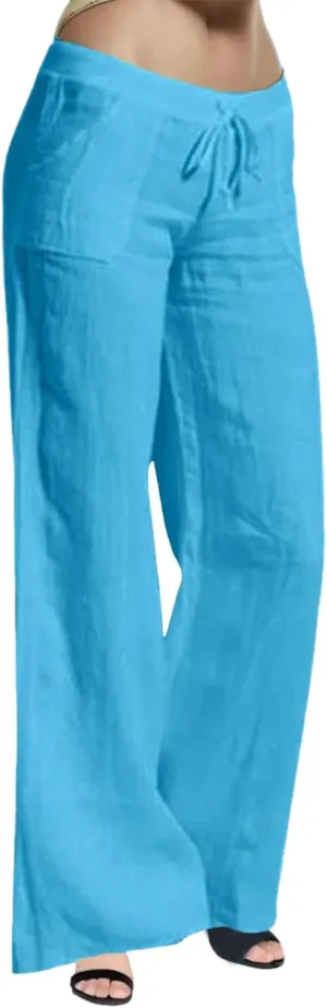 Womens Cotton Linen Palazzo Pants Drawstring Elastic Waist Casual Summer Wide Leg Relax Fit Trousers with Pockets
