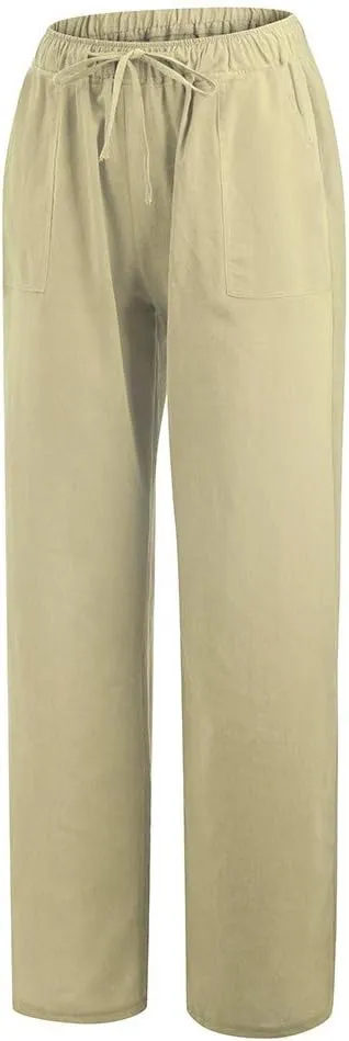 Womens Cotton Linen Palazzo Pants Drawstring Elastic Waist Casual Summer Wide Leg Relax Fit Trousers with Pockets