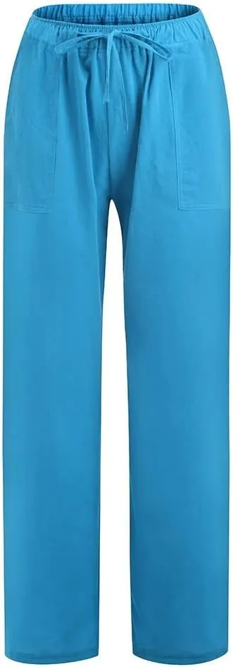 Womens Cotton Linen Palazzo Pants Drawstring Elastic Waist Casual Summer Wide Leg Relax Fit Trousers with Pockets
