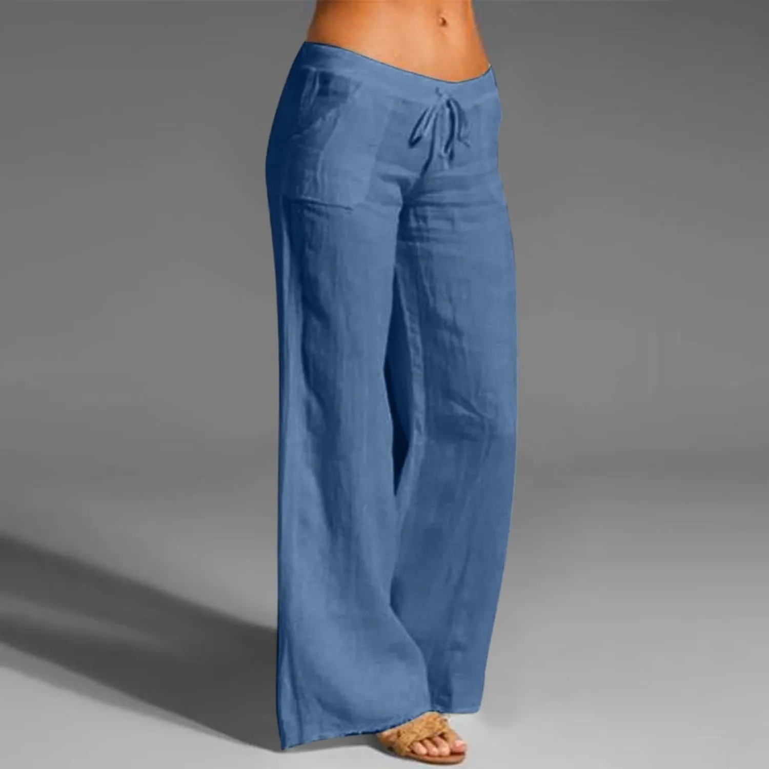 Womens Cotton Linen Palazzo Pants Drawstring Elastic Waist Casual Summer Wide Leg Relax Fit Trousers with Pockets