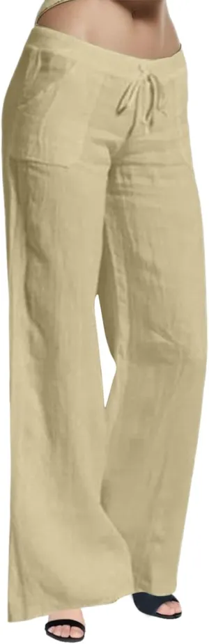 Womens Cotton Linen Palazzo Pants Drawstring Elastic Waist Casual Summer Wide Leg Relax Fit Trousers with Pockets