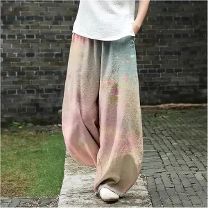 Women's Cotton Linen Pants Casual Baggy Pants Boho Printed Elastic High Waist Relax Fit Lantern Trouser Plus Size