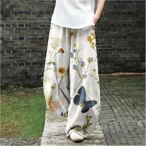 Women's Cotton Linen Pants Casual Baggy Pants Boho Printed Elastic High Waist Relax Fit Lantern Trouser Plus Size