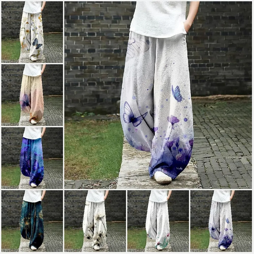 Women's Cotton Linen Pants Casual Baggy Pants Boho Printed Elastic High Waist Relax Fit Lantern Trouser Plus Size