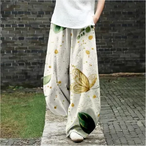 Women's Cotton Linen Pants Casual Baggy Pants Boho Printed Elastic High Waist Relax Fit Lantern Trouser Plus Size