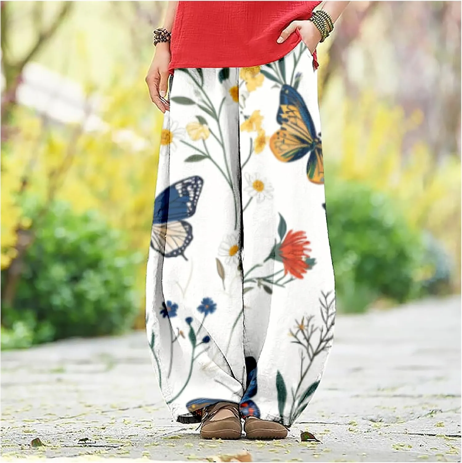 Women's Cotton Linen Pants Casual Baggy Pants Boho Printed Elastic High Waist Relax Fit Lantern Trouser Plus Size