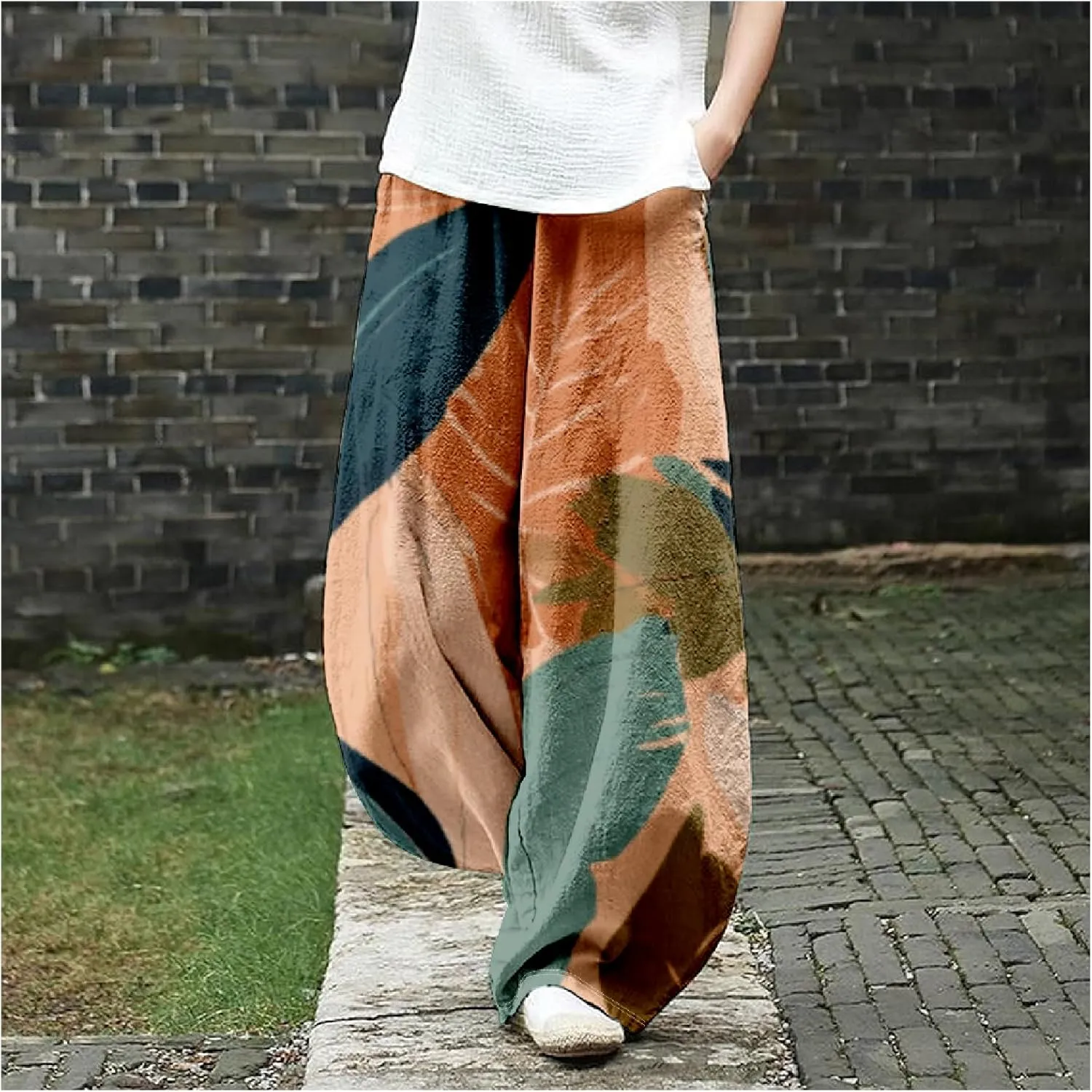 Women's Cotton Linen Pants Casual Baggy Pants Boho Printed Elastic High Waist Relax Fit Lantern Trouser Plus Size