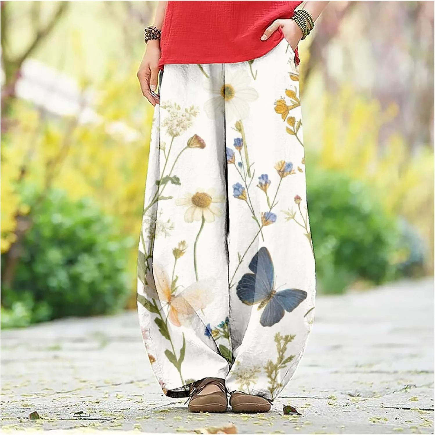 Women's Cotton Linen Pants Casual Baggy Pants Boho Printed Elastic High Waist Relax Fit Lantern Trouser Plus Size