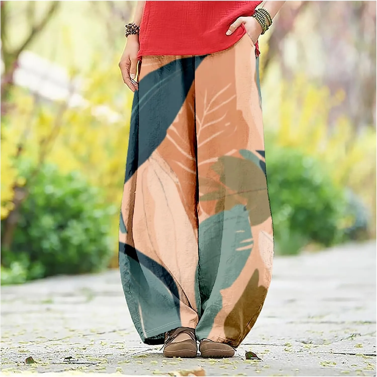 Women's Cotton Linen Pants Casual Baggy Pants Boho Printed Elastic High Waist Relax Fit Lantern Trouser Plus Size