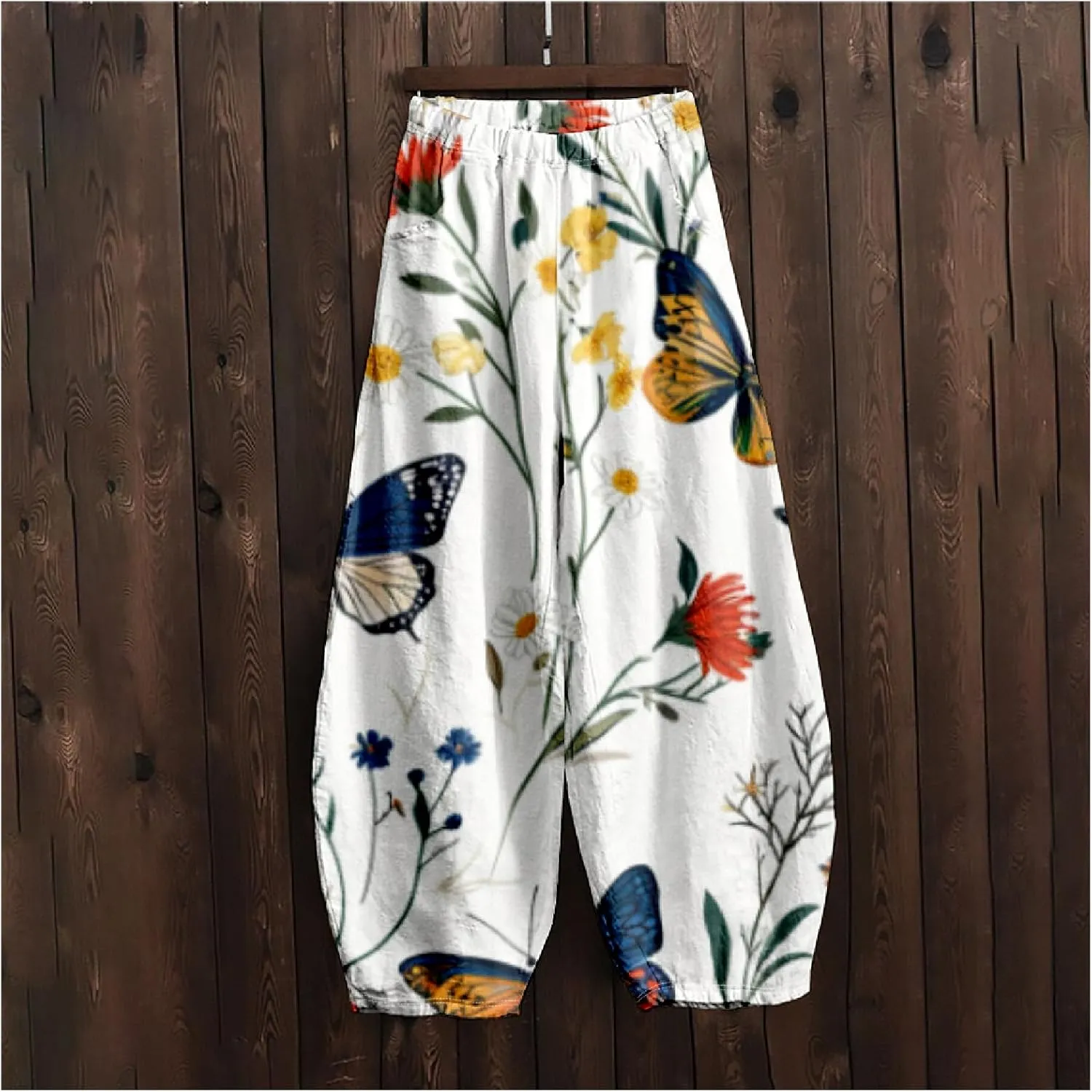 Women's Cotton Linen Pants Casual Baggy Pants Boho Printed Elastic High Waist Relax Fit Lantern Trouser Plus Size