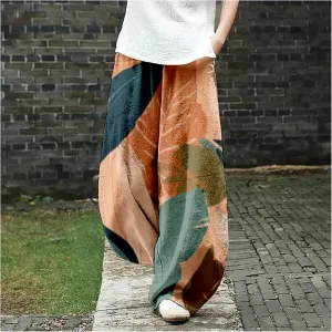 Women's Cotton Linen Pants Casual Baggy Pants Boho Printed Elastic High Waist Relax Fit Lantern Trouser Plus Size