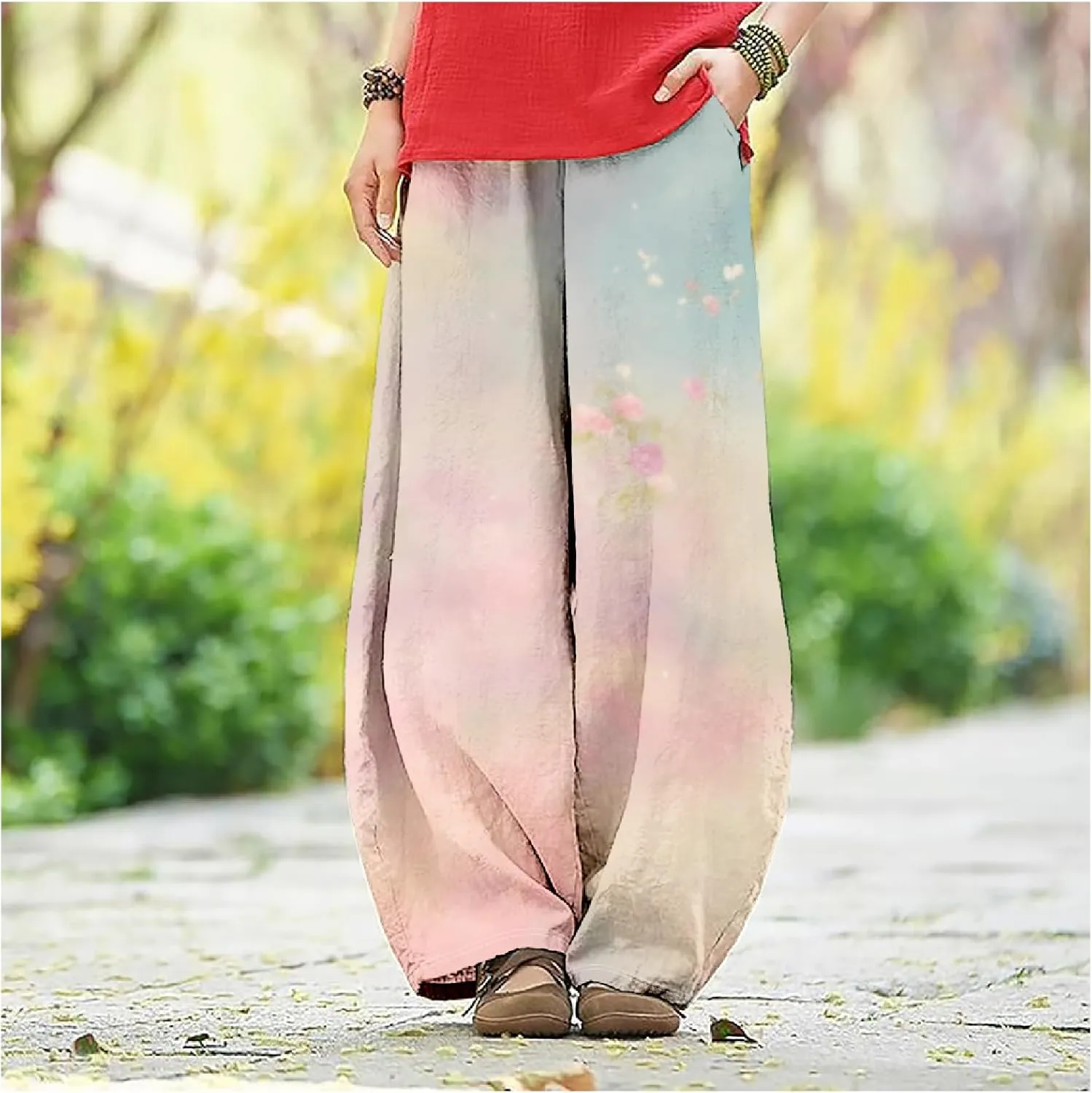 Women's Cotton Linen Pants Casual Baggy Pants Boho Printed Elastic High Waist Relax Fit Lantern Trouser Plus Size