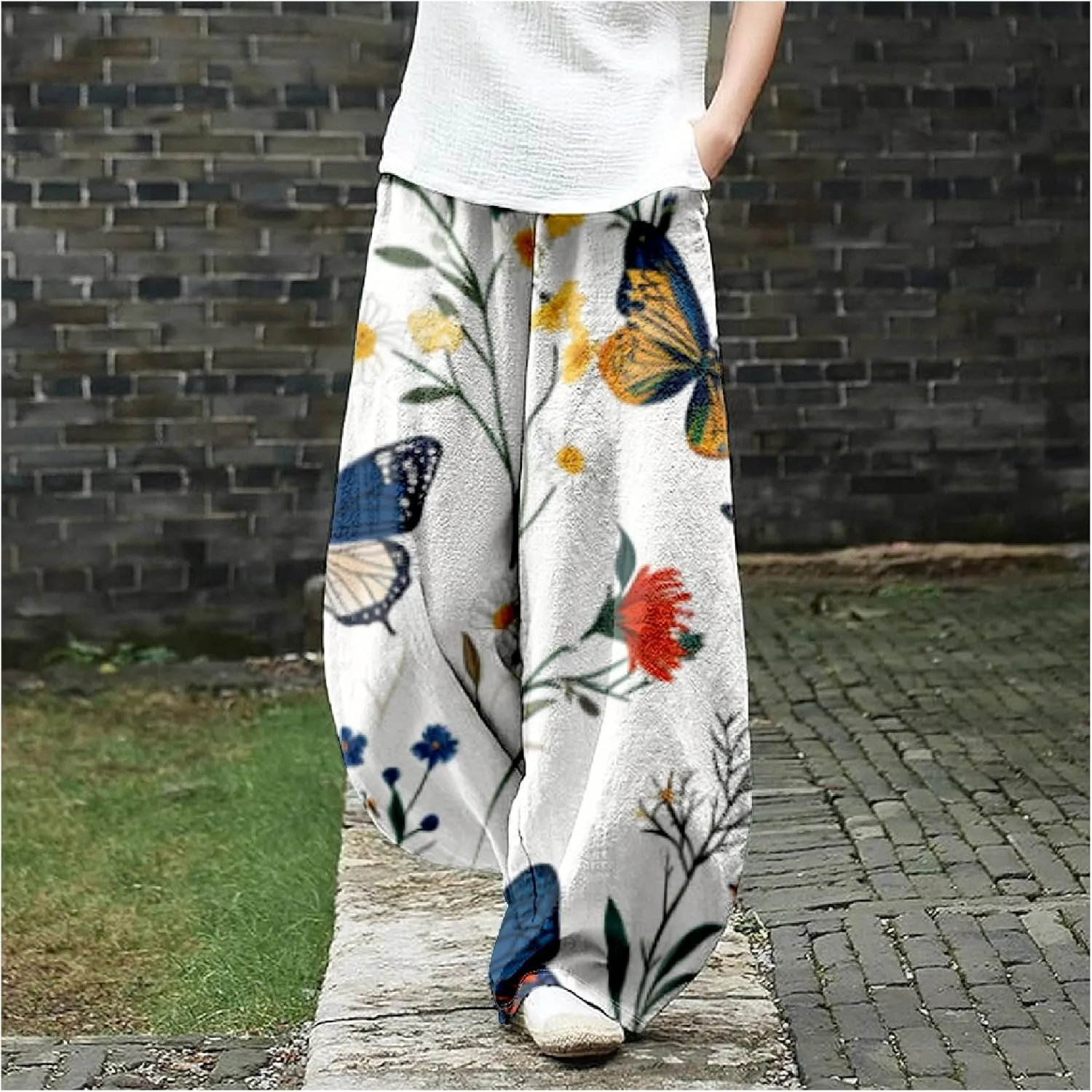 Women's Cotton Linen Pants Casual Baggy Pants Boho Printed Elastic High Waist Relax Fit Lantern Trouser Plus Size