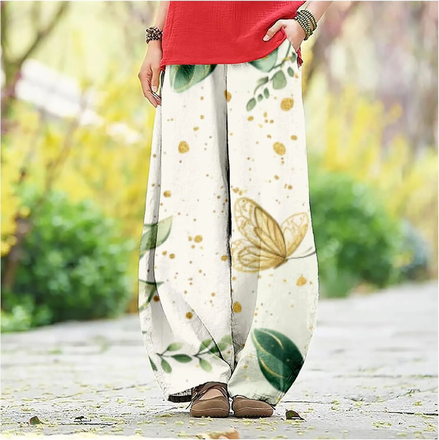 Women's Cotton Linen Pants Casual Baggy Pants Boho Printed Elastic High Waist Relax Fit Lantern Trouser Plus Size