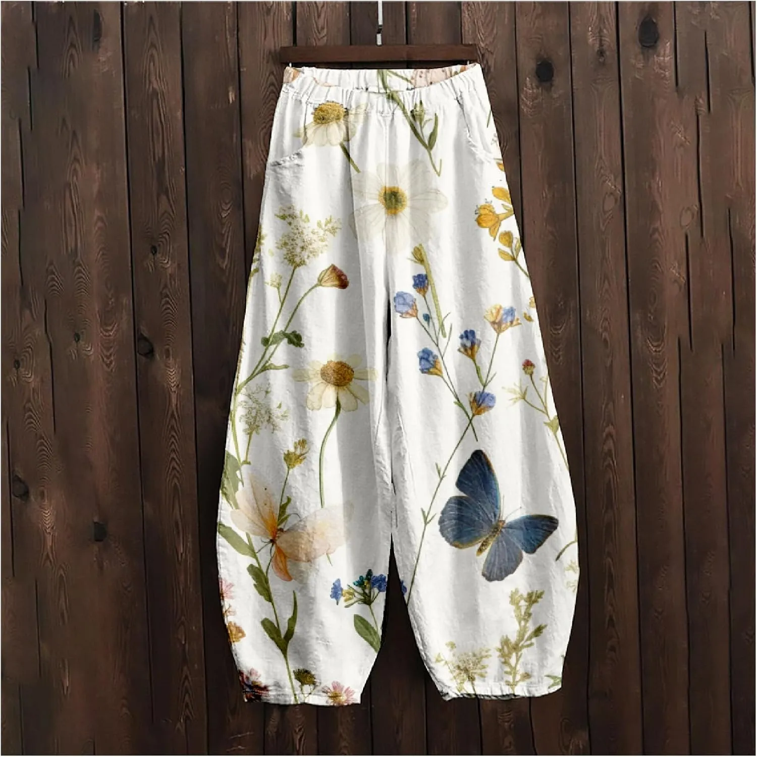 Women's Cotton Linen Pants Casual Baggy Pants Boho Printed Elastic High Waist Relax Fit Lantern Trouser Plus Size