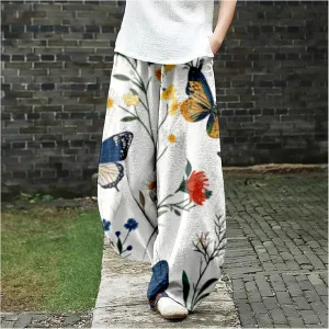 Women's Cotton Linen Pants Casual Baggy Pants Boho Printed Elastic High Waist Relax Fit Lantern Trouser Plus Size