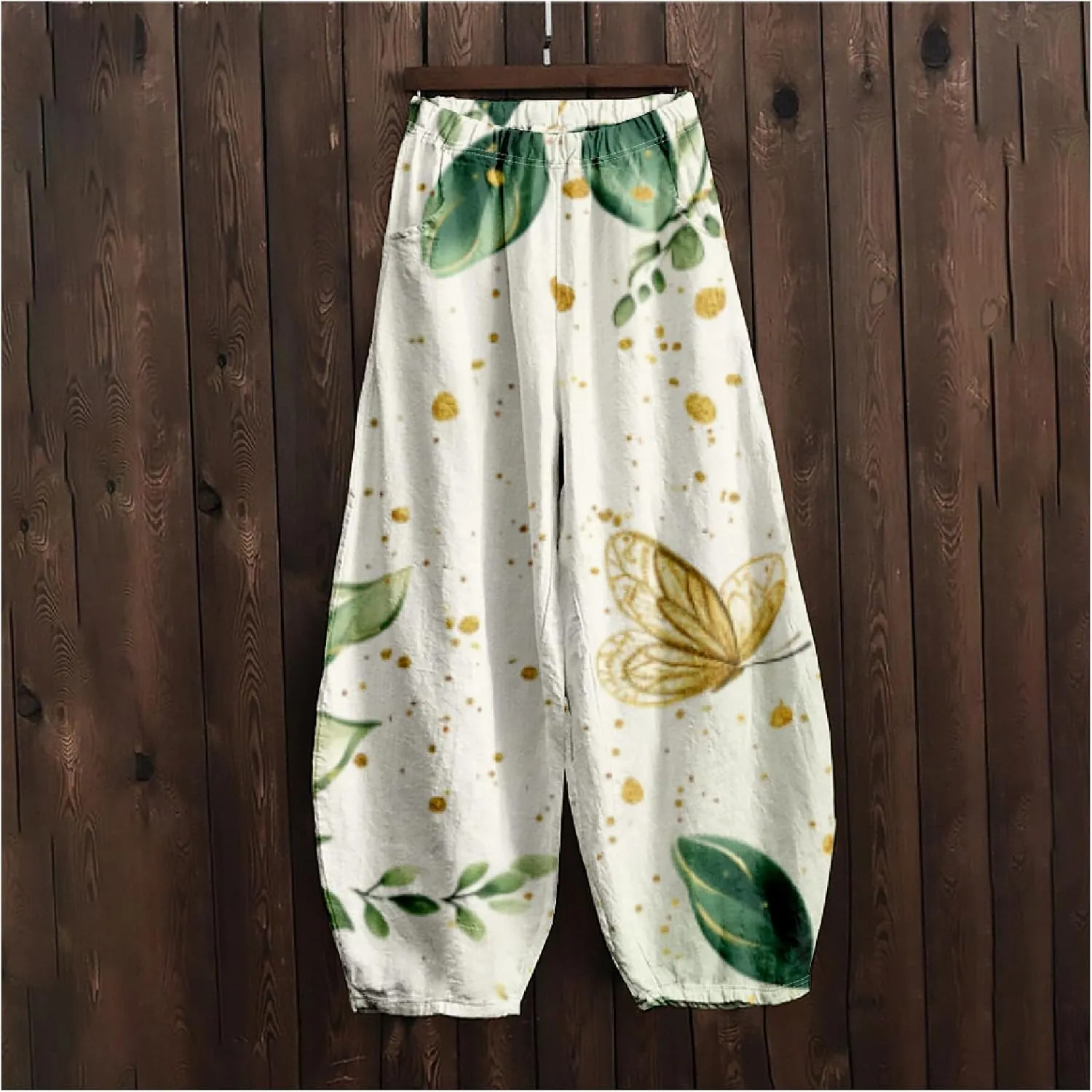 Women's Cotton Linen Pants Casual Baggy Pants Boho Printed Elastic High Waist Relax Fit Lantern Trouser Plus Size