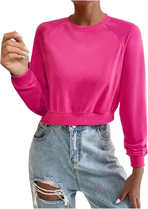 Women's Cropped Sweatshirts Loose Fit Fleece Long Sleeve Casual Pullover Crewneck Workout Fashion Basic Hoodie Tops