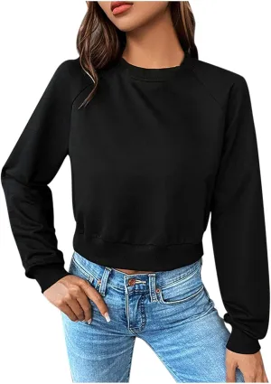 Women's Cropped Sweatshirts Loose Fit Fleece Long Sleeve Casual Pullover Crewneck Workout Fashion Basic Hoodie Tops
