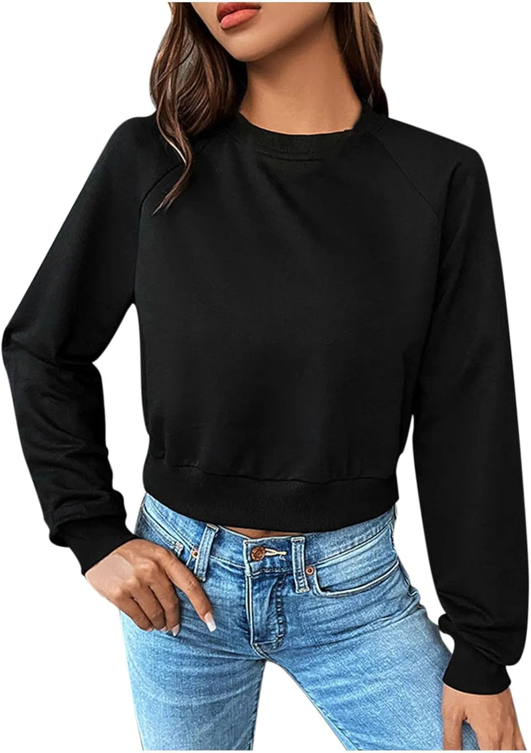 Women's Cropped Sweatshirts Loose Fit Fleece Long Sleeve Casual Pullover Crewneck Workout Fashion Basic Hoodie Tops