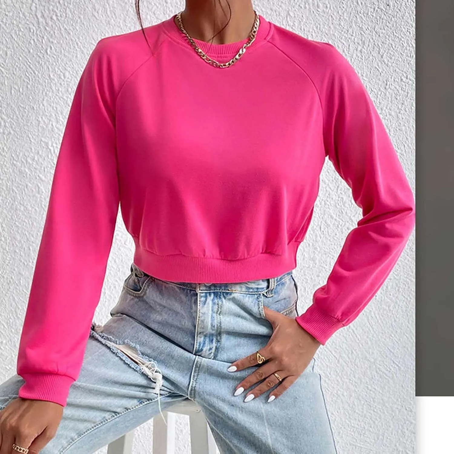 Women's Cropped Sweatshirts Loose Fit Fleece Long Sleeve Casual Pullover Crewneck Workout Fashion Basic Hoodie Tops