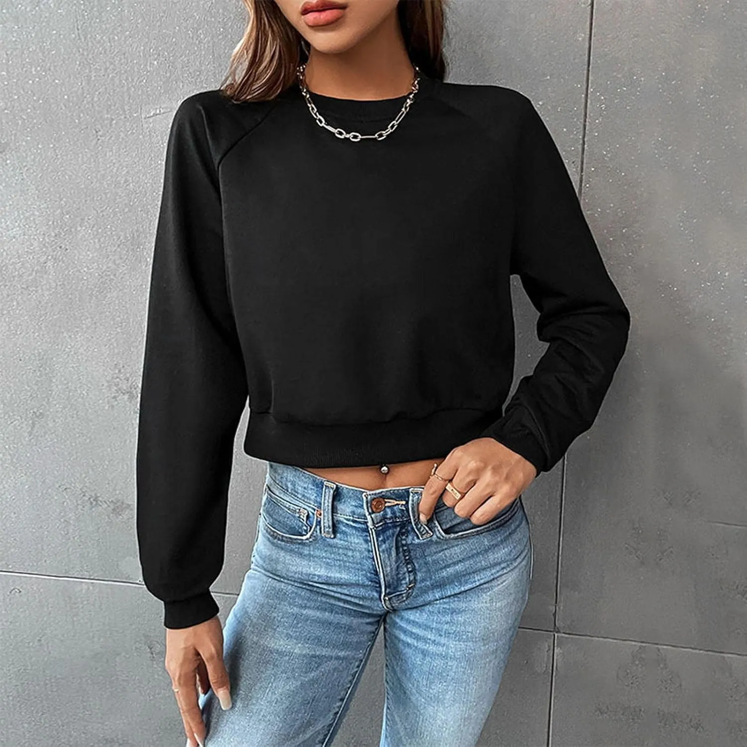 Women's Cropped Sweatshirts Loose Fit Fleece Long Sleeve Casual Pullover Crewneck Workout Fashion Basic Hoodie Tops