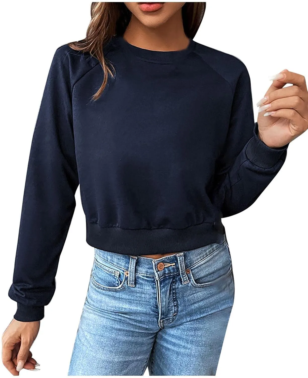Women's Cropped Sweatshirts Loose Fit Fleece Long Sleeve Casual Pullover Crewneck Workout Fashion Basic Hoodie Tops